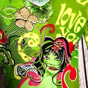 Vintage Just Woman Bedazzled Love You Lady Graphic Long Sleeve Double V Neck Med